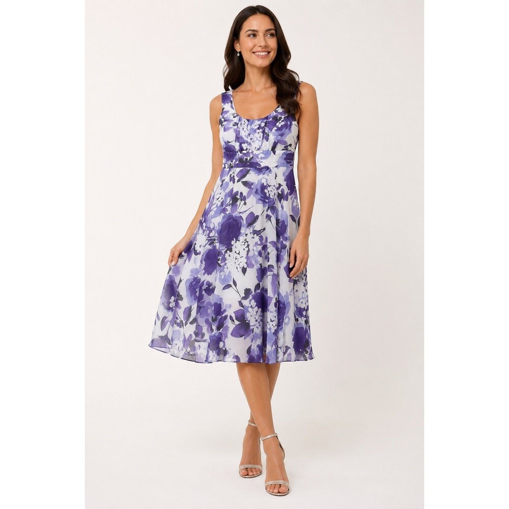 Connected Apparel Purple White Floral Sleeveless Dress Fit & Flare Midi Fairy 8